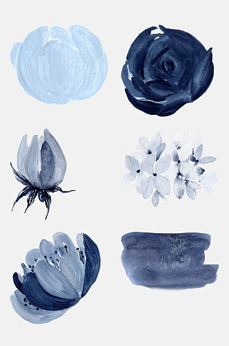 鲜花蓝色水墨水彩花卉免抠素材