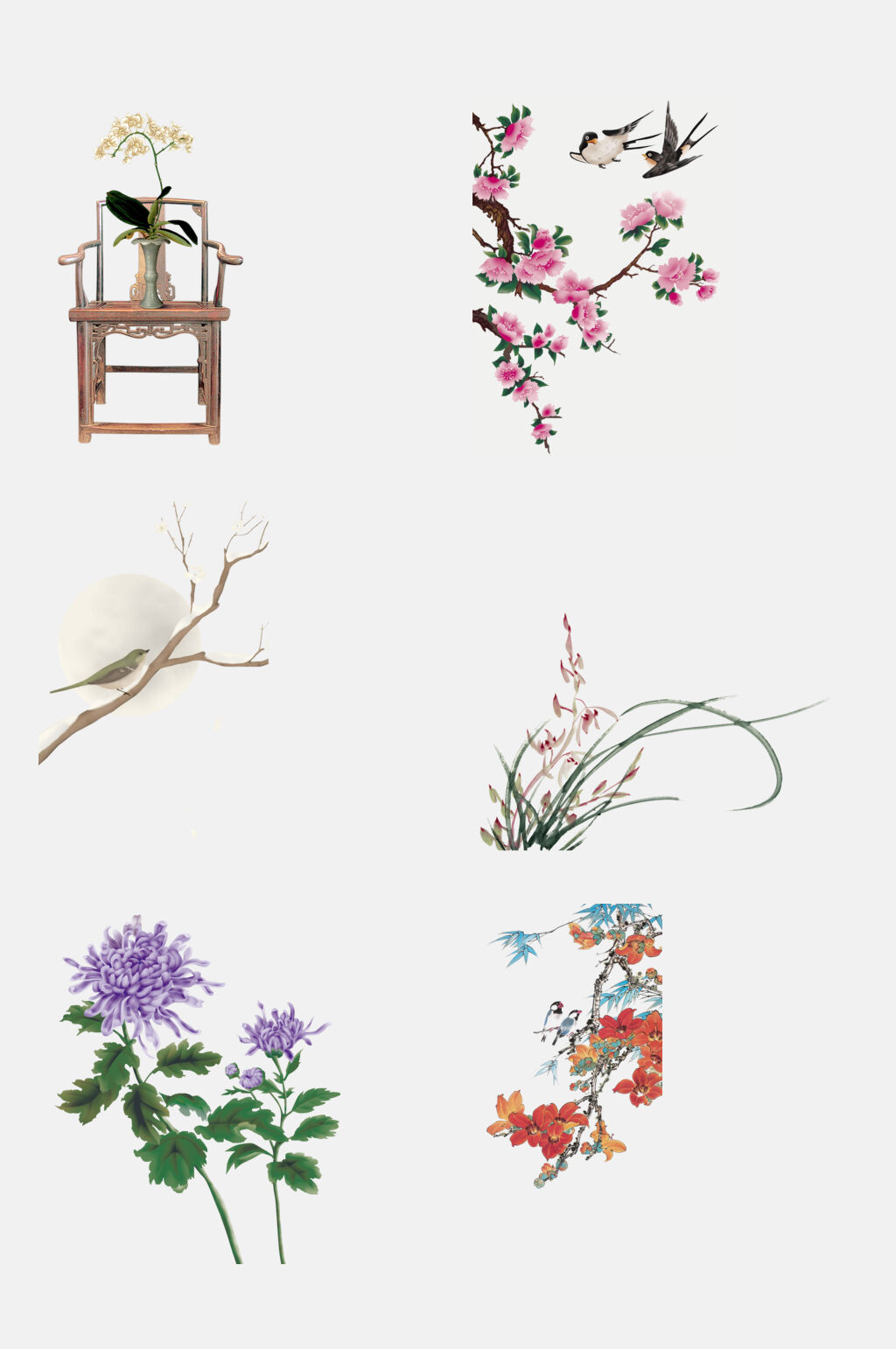 简约中国古风工笔画花卉植物免抠素材素材