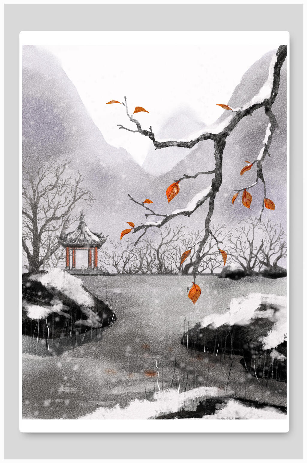 简约清新树叶凉亭古风水墨风景插画素材
