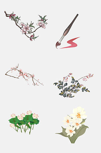 淡雅中国古风工笔画花卉植物免抠素材