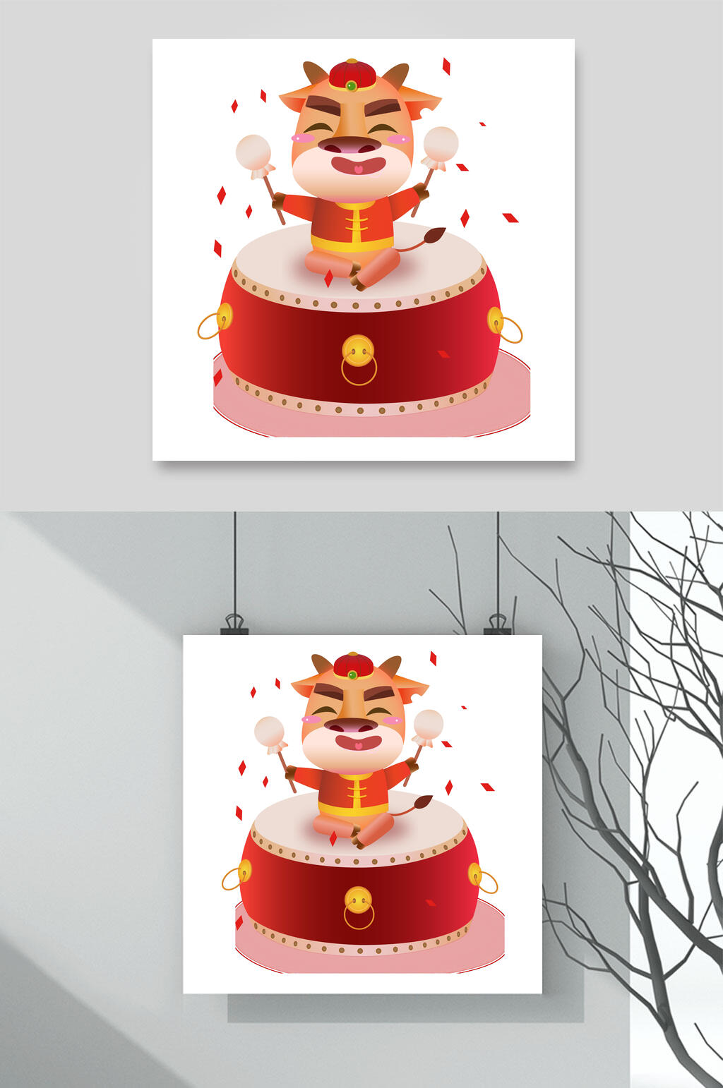 喜庆锣鼓牛年卡通形象插画素材素材
