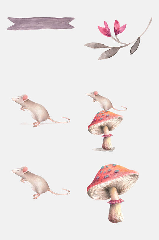 蘑菇老鼠森系水彩手绘花卉免抠素材