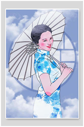 雨伞民国手绘美女图插画