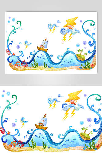 波浪船帆闪电蓝色卡通水彩儿童素材