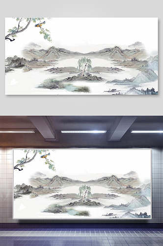 简约清新水墨画山树中国风矢量背景