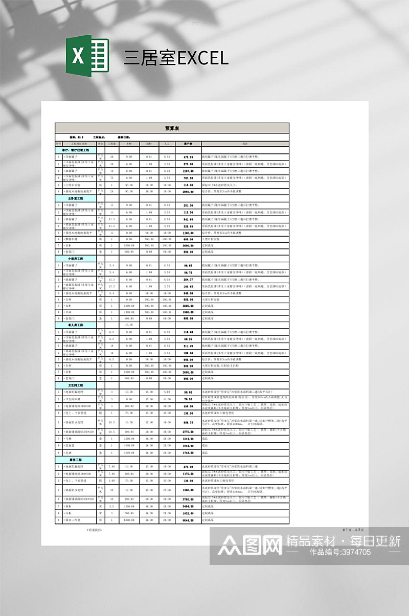 三居室预算表EXCEL素材