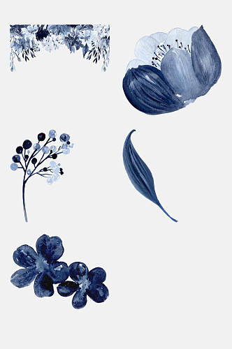 花朵蓝色水墨水彩花卉免抠素材