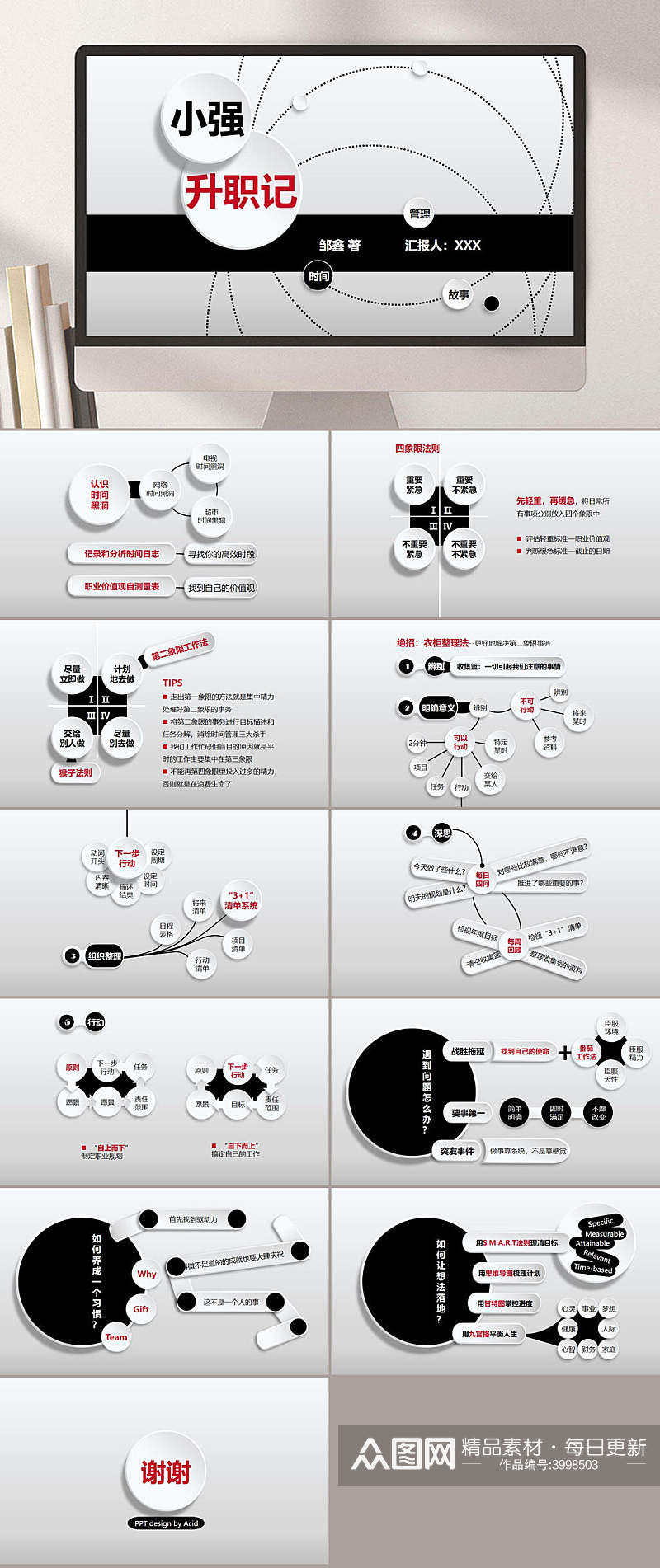 简约黑白小强升职记读书笔记PPT素材