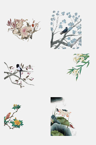 时尚中国古风工笔画花卉植物免抠素材
