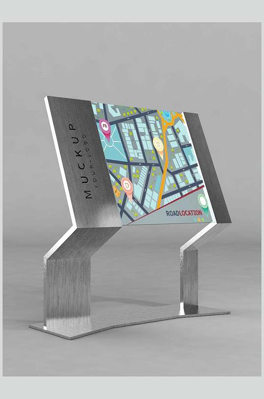 银色简约导视系统引路牌场景样机