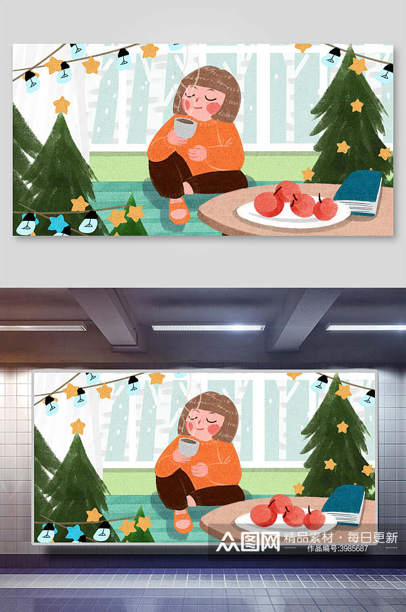 高级个性苹果书本树女孩圣诞节插画素材