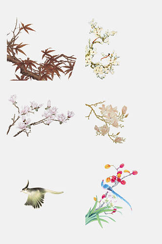 创意中国古风工笔画花卉植物免抠素材