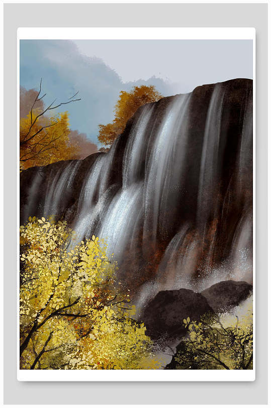 手绘大气瀑布树木古风水墨风景插画