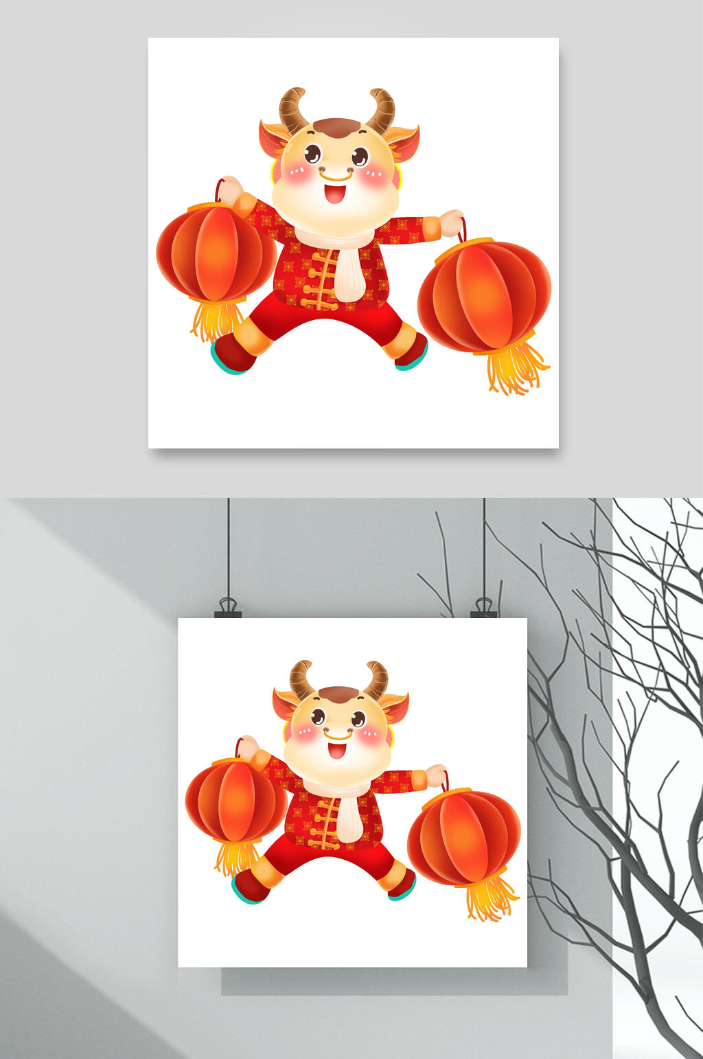 红色灯笼牛年卡通形象插画素材素材