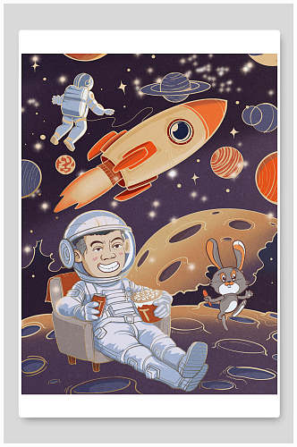 蓝色火箭太空人兔子轻松风格漫画宇宙星球太空插画