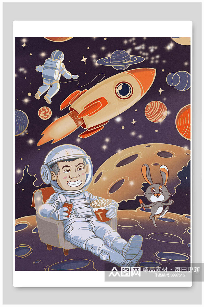 蓝色火箭太空人兔子轻松风格漫画宇宙星球太空插画素材