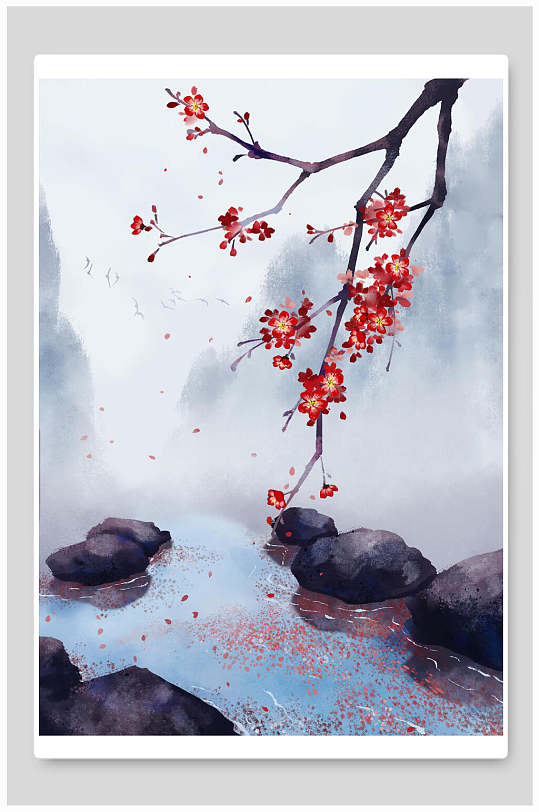 手绘大气花朵树枝古风水墨风景插画