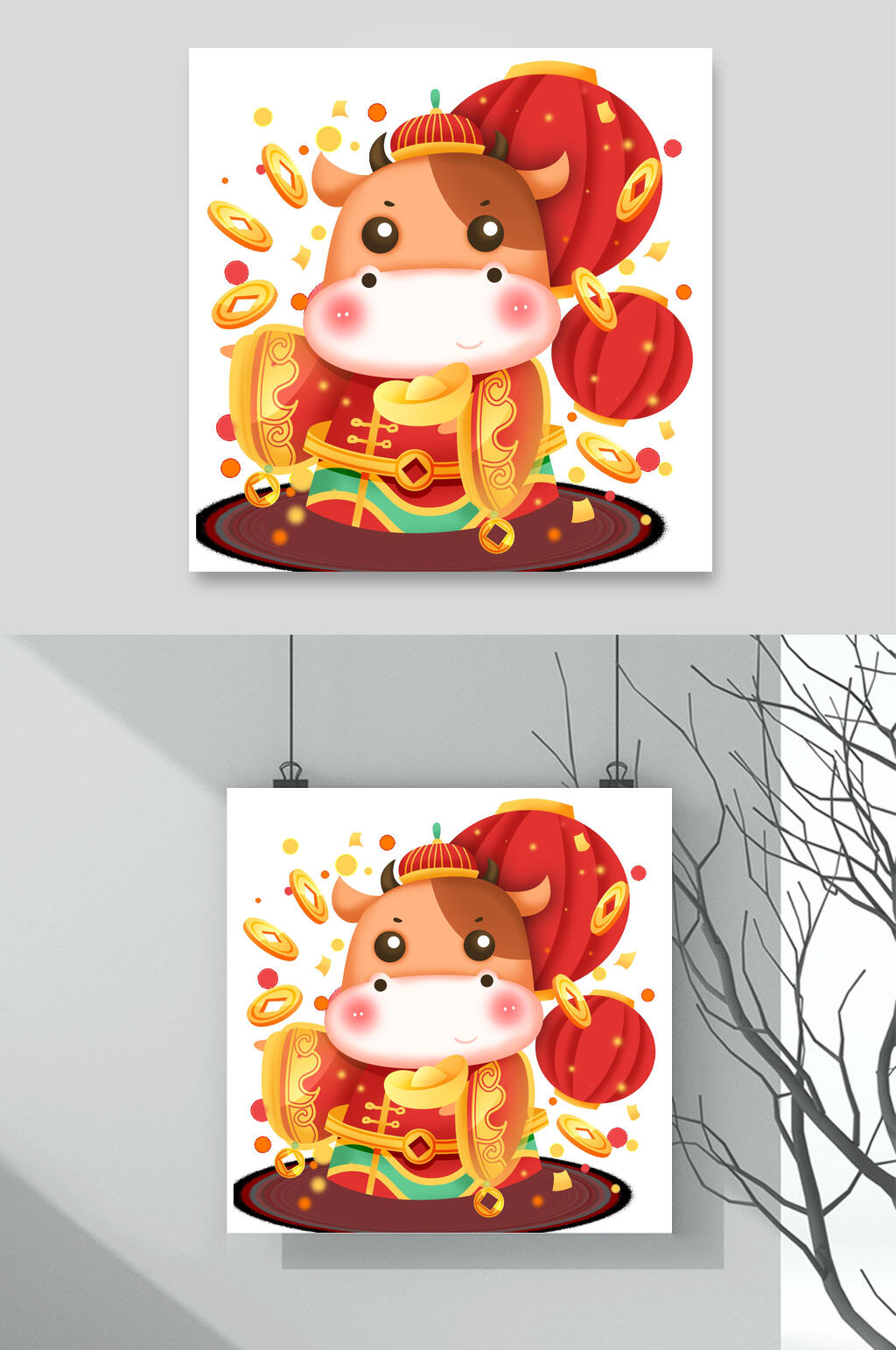 灯笼牛年卡通形象插画素材素材