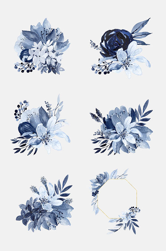 时尚鲜花蓝色水墨水彩花卉免抠素材