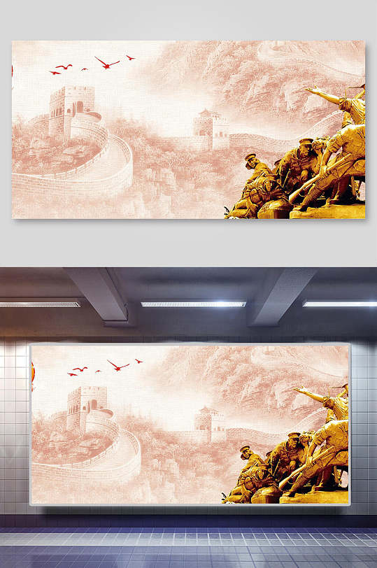 高端大气金人长城鸟兽党建红色背景-众图网