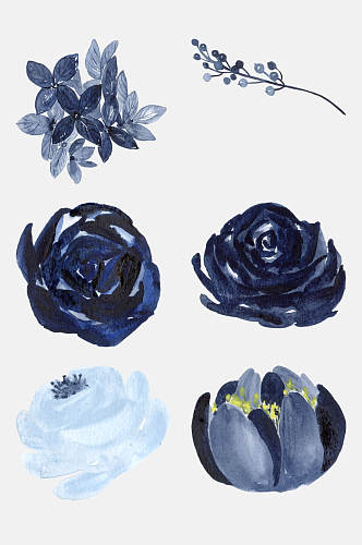 创意蓝色水墨水彩花卉免抠素材