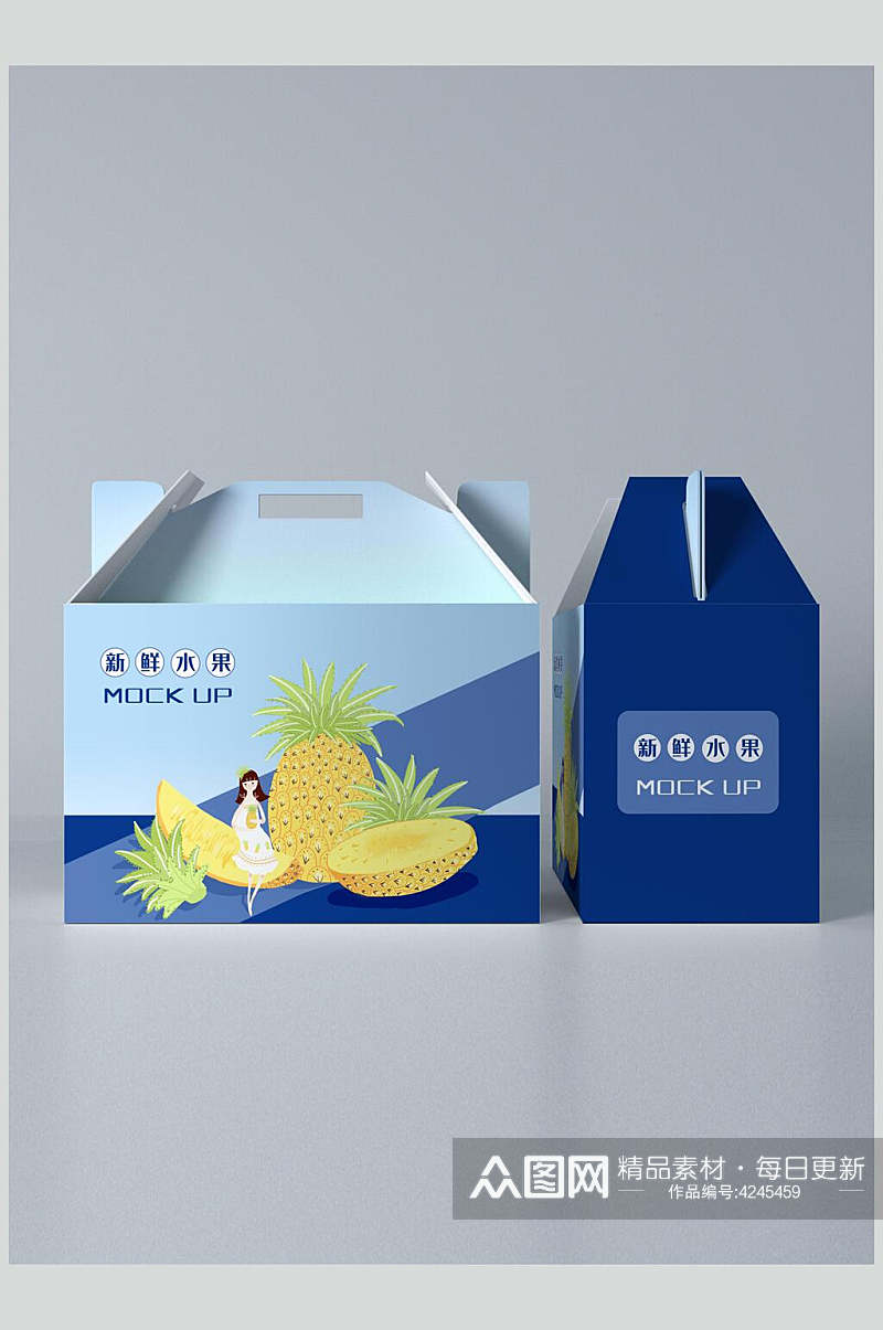 袋子菠萝蓝黄清新包装礼盒展示样机素材