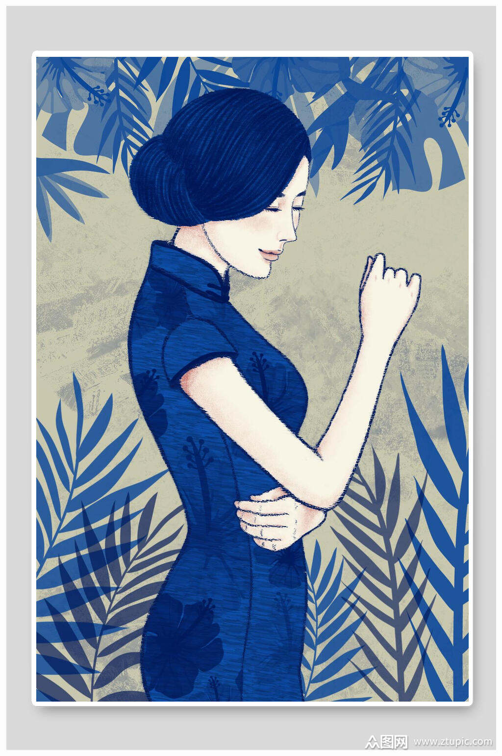 蓝色民国手绘美女图插画素材