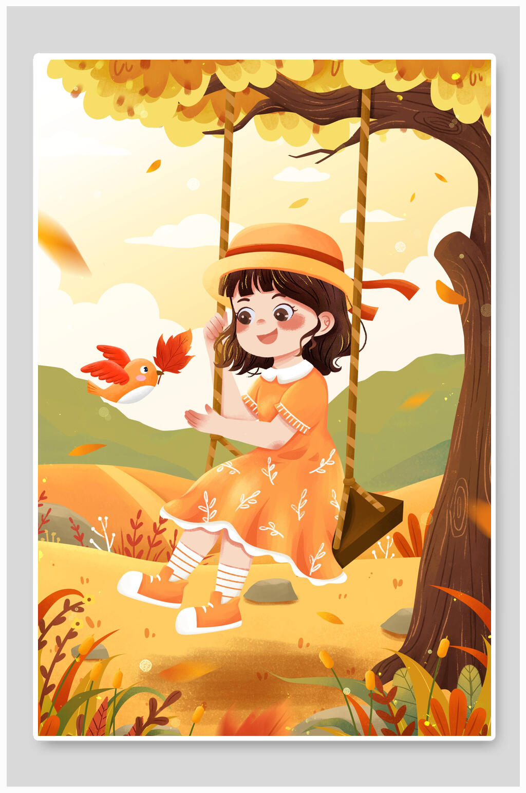 卡通女孩秋分节气插画素材