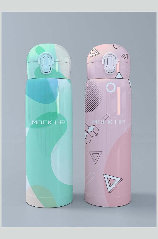 瓶子三角绿粉色保温杯贴图包装样机