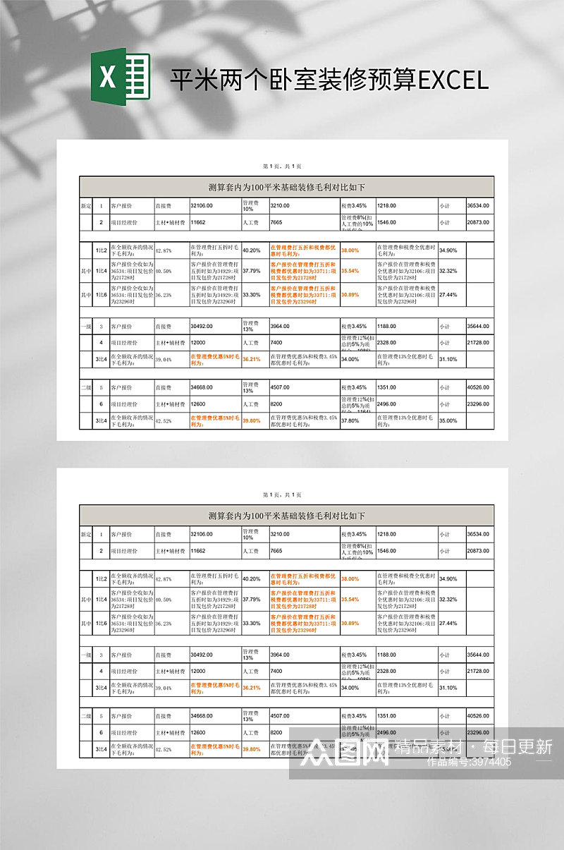 平米两个卧室装修预算EXCEL素材