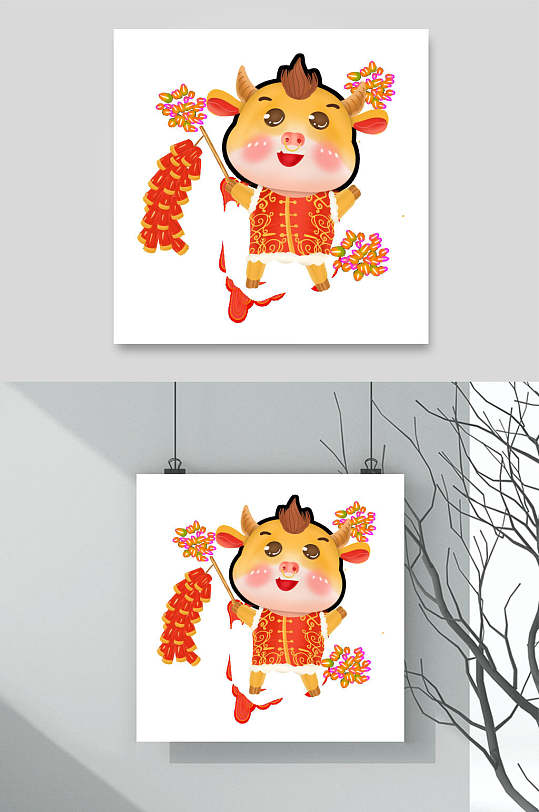 放鞭炮的小牛牛年卡通形象插画素材