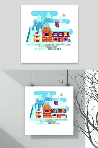 蓝色冬季雪花房屋素材