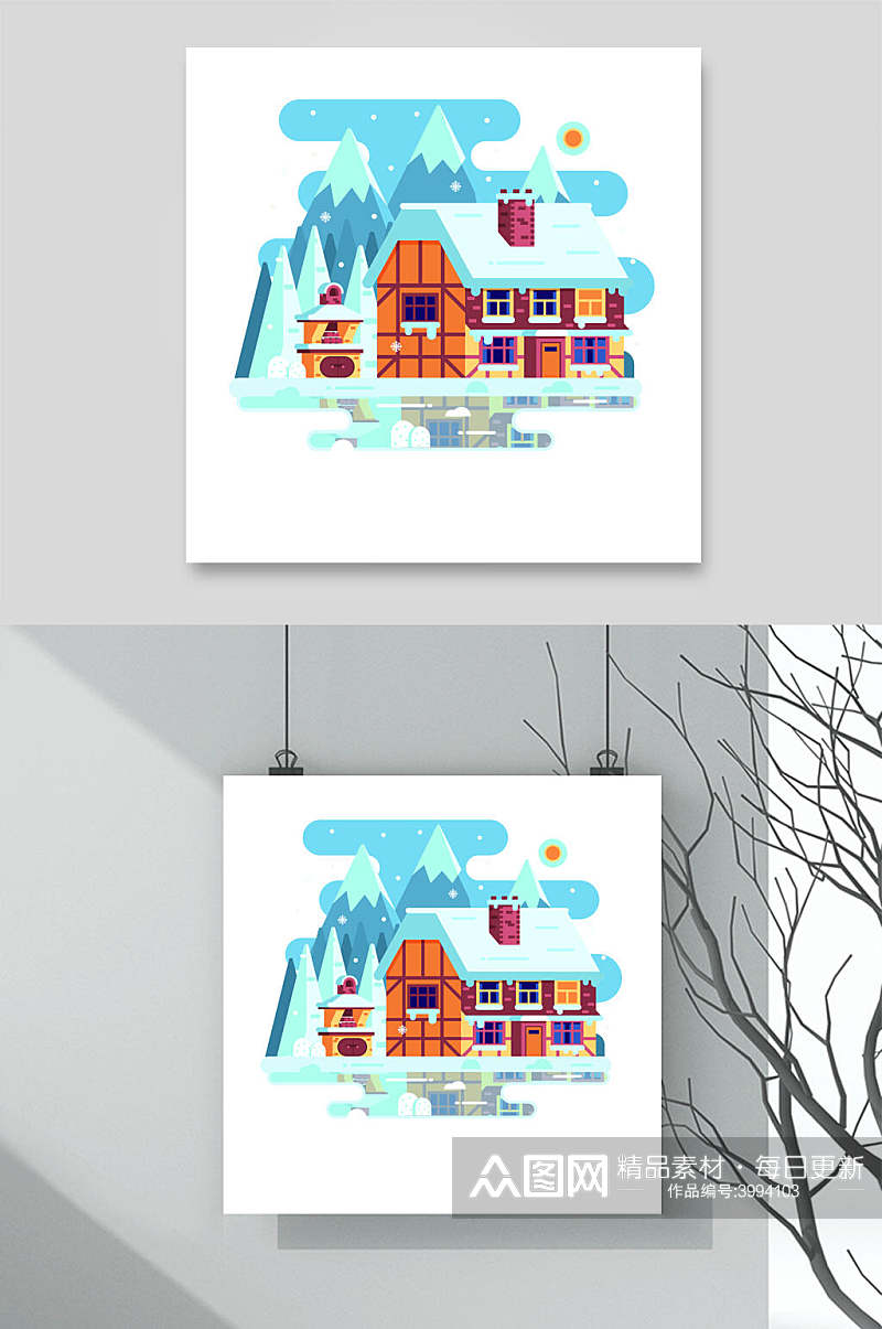 蓝色冬季雪花房屋素材素材