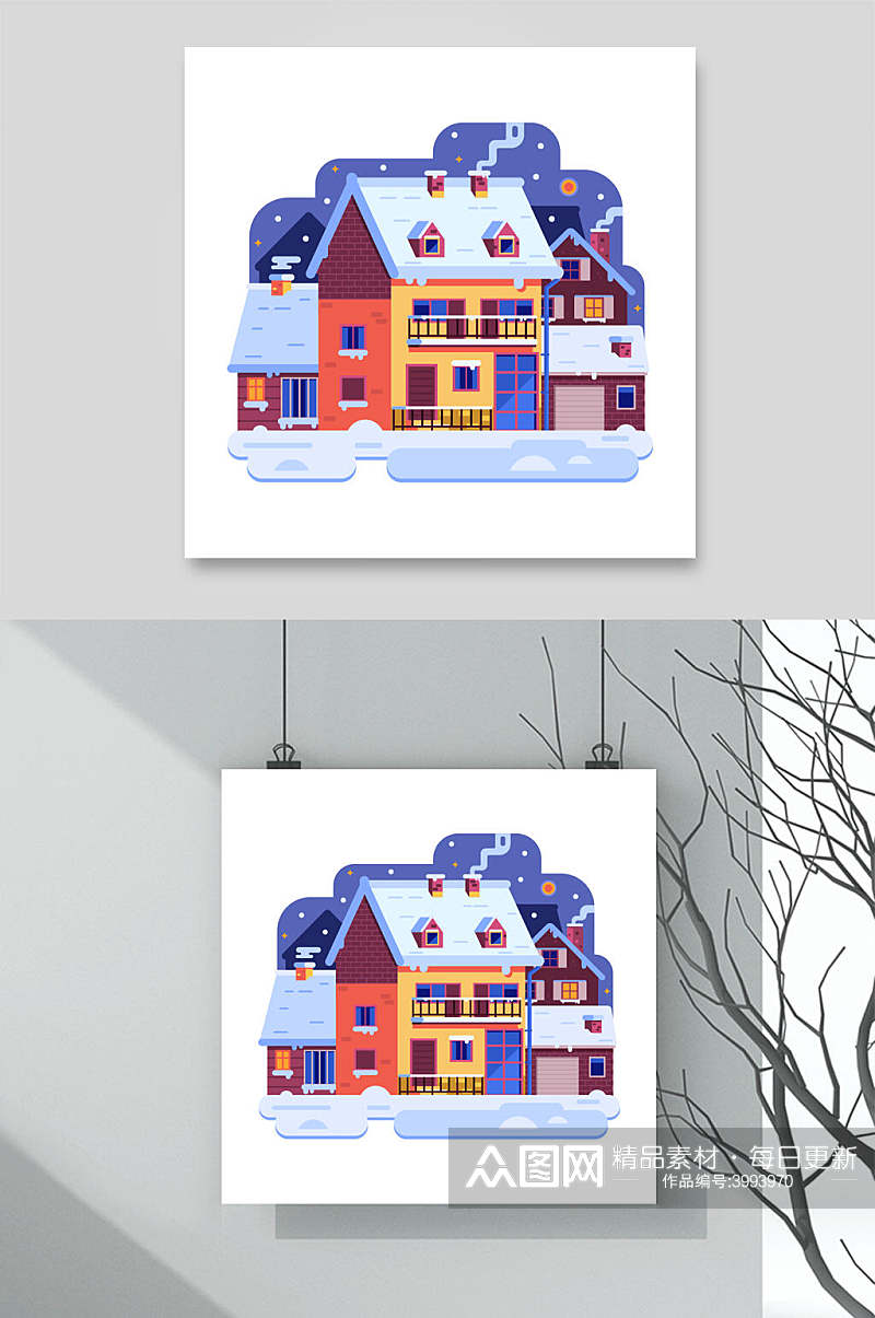 冬季雪花橙色房屋素材素材