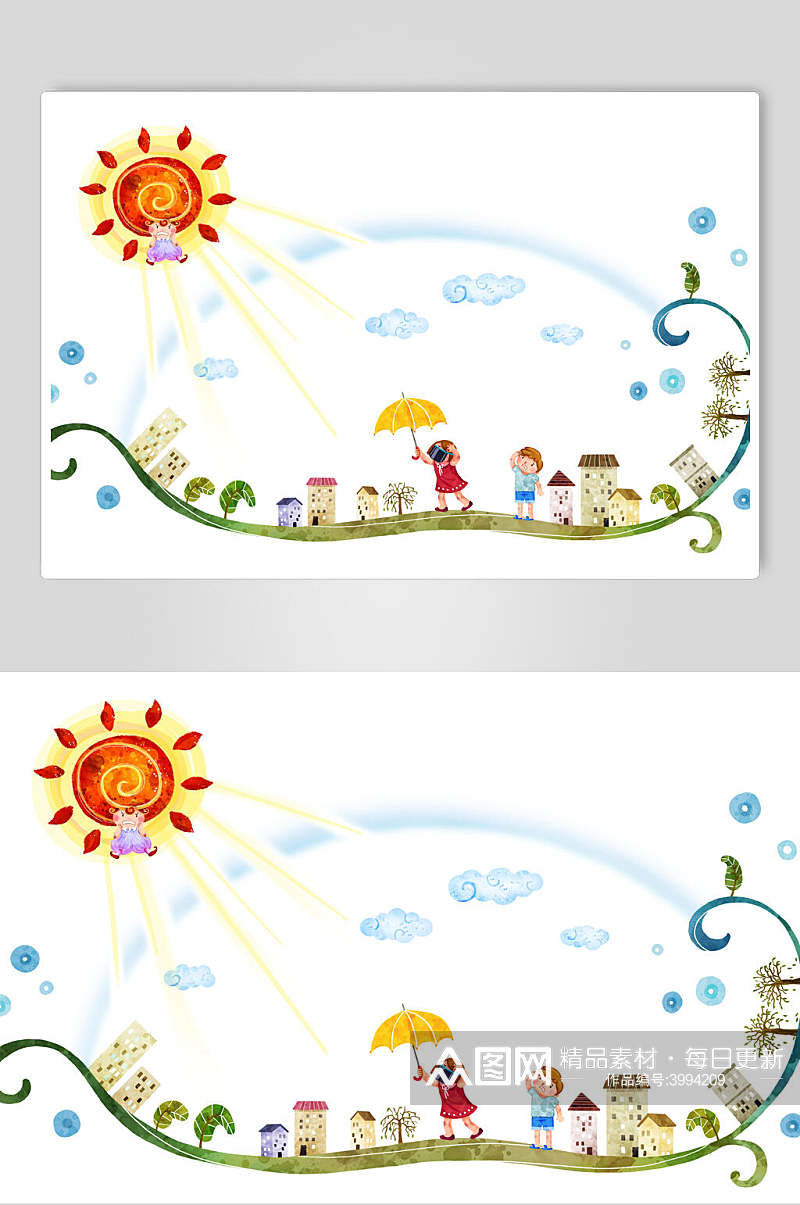 卡通水彩儿童打伞场景图片素材素材
