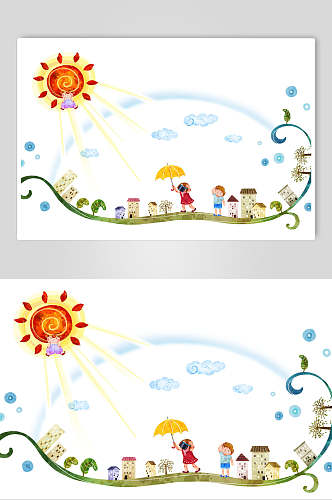 卡通水彩儿童打伞场景图片素材