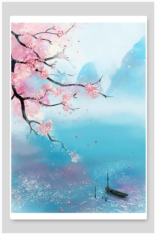 手绘大气花朵树枝古风水墨风景插画
