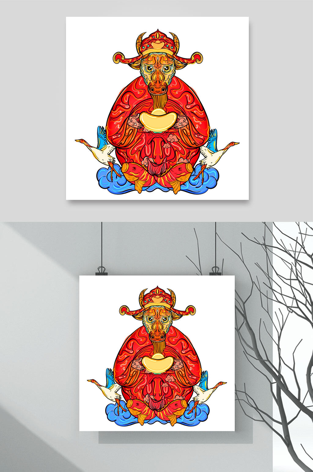 红色卡通牛年卡通形象插画素材素材
