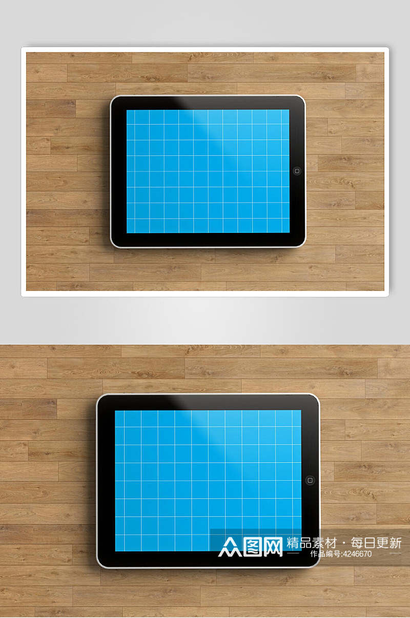 线条方格木地板蓝平板贴图样机素材