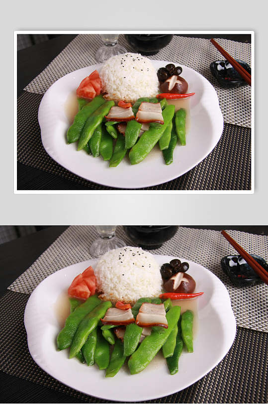 创意香菇五花肉盖浇饭高清图