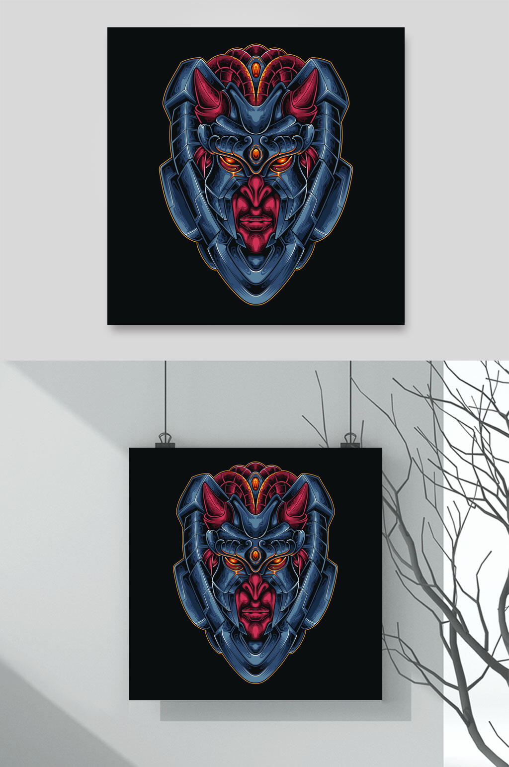 黑底红色机甲怪兽卡通插画图案矢量素材素材