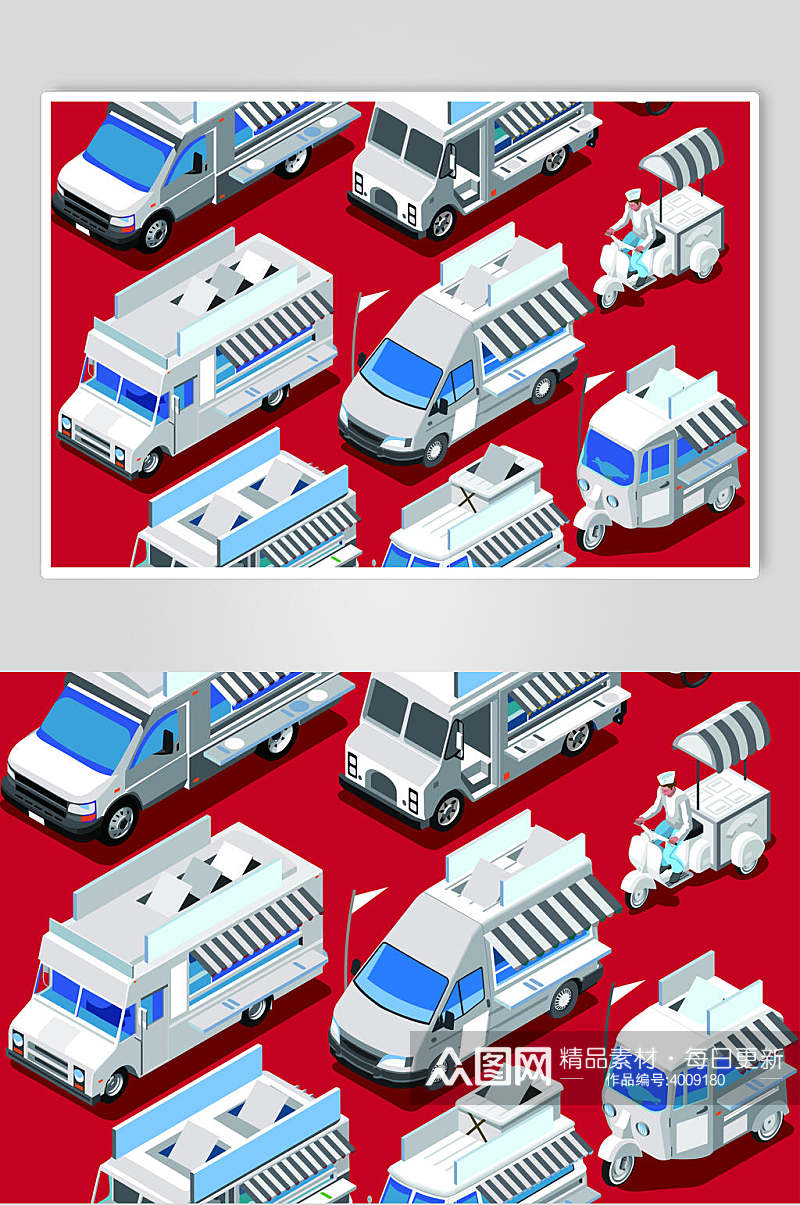 红色车小吃街广告插画矢量素材素材