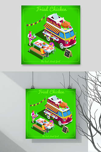 绿色卡通车小吃街广告插画矢量素材
