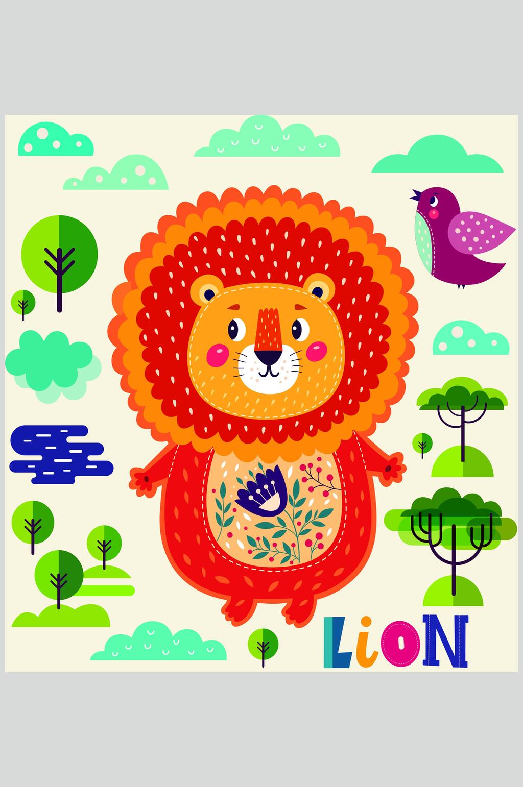 可爱狮子黄绿儿童卡通动物插画素材素材