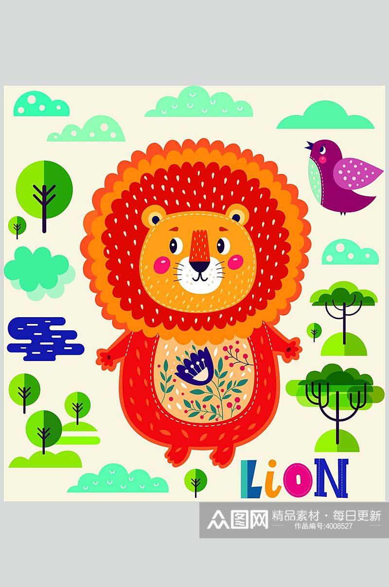 可爱狮子黄绿儿童卡通动物插画素材素材