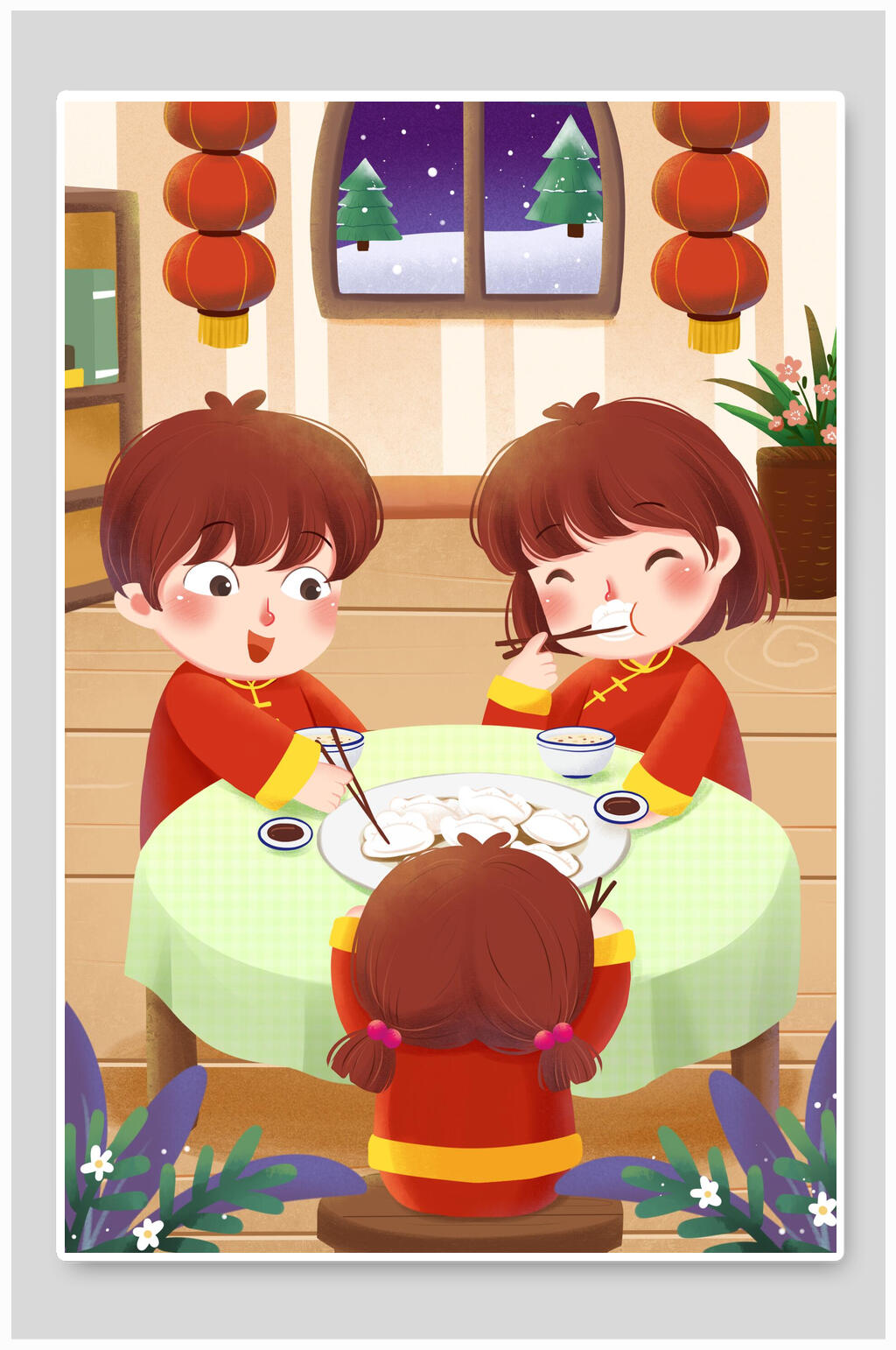 唯美大气灯笼饺子冬至节气插画素材
