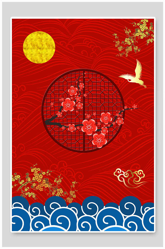 红色祥云花朵东方中式仙鹤背景