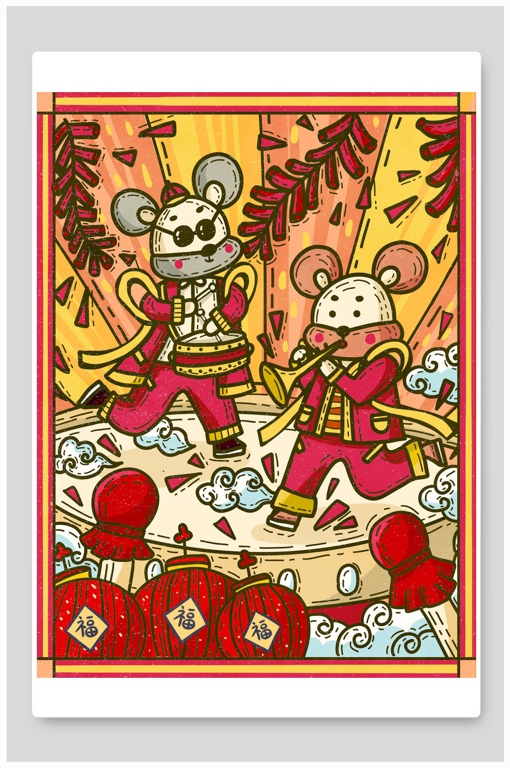 手绘灯笼鼠年新年插画素材