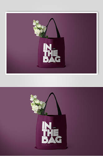 英文字母花朵叶子紫色购物袋样机