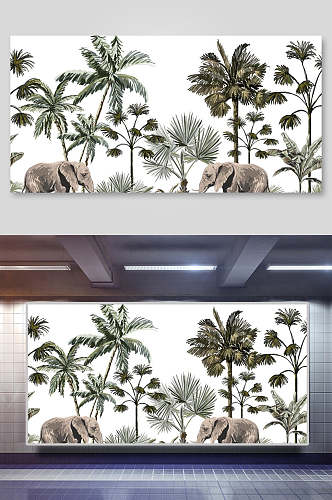 唯美大象手绘棕榈树矢量插画